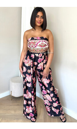 BLACK - 'ALLISON' - SATIN FLORAL STRAPLESS JUMPSUIT