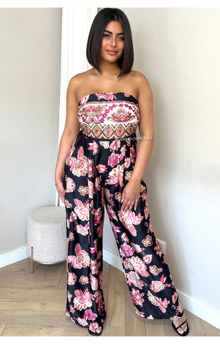 BLACK - 'ALLISON' - SATIN FLORAL STRAPLESS JUMPSUIT BLACK - 'ALLISON' - SATIN FLORAL STRAPLESS JUMPSUIT