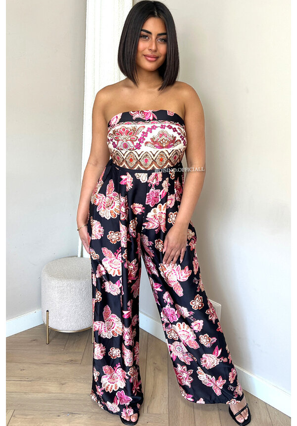 BLACK - 'ALLISON' - SATIN FLORAL STRAPLESS JUMPSUIT