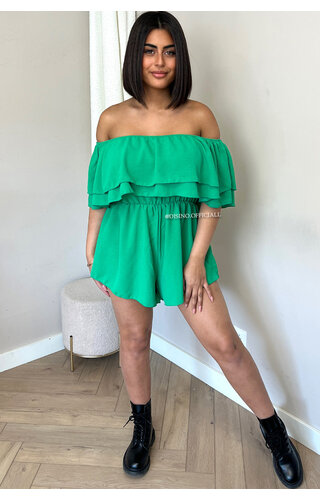GREEN - 'BLAKE' - OFF SHOULDER RUFFLE PLAYSHORT GREEN - 'BLAKE' - OFF SHOULDER RUFFLE PLAYSHORT