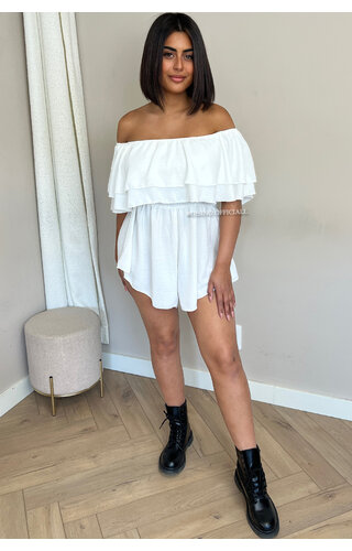 WHITE - 'BLAKE' - OFF SHOULDER RUFFLE PLAYSHORT WHITE - 'BLAKE' - OFF SHOULDER RUFFLE PLAYSHORT