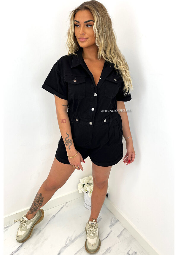 BLACK - 'RIVER' - SUPER STRETCH DENIM CARGO SHORT JUMPSUIT