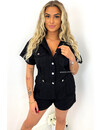 BLACK - 'RIVER' - SUPER STRETCH DENIM CARGO SHORT JUMPSUIT