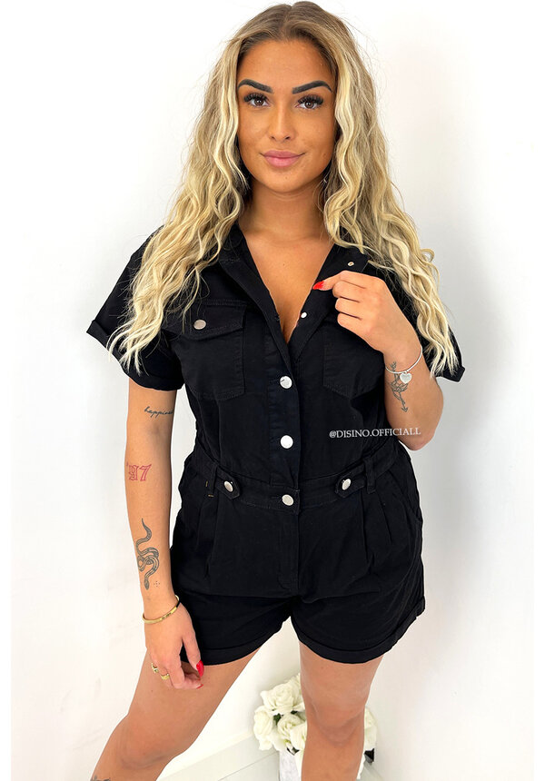 BLACK - 'RIVER' - SUPER STRETCH DENIM CARGO SHORT JUMPSUIT