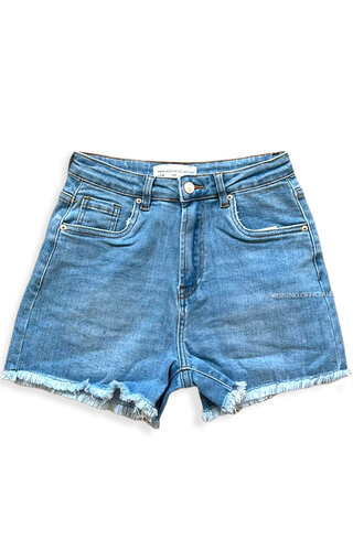 BLUE - 'LEXXIE' - HIGH WAIST PERFECT FIT STRETCH DENIM SHORT BLUE - 'LEXXIE' - HIGH WAIST PERFECT FIT STRETCH DENIM SHORT
