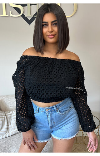 BLACK - 'LAVELLA TOP' - CROCHET LACE OFF SHOULDER TOP 