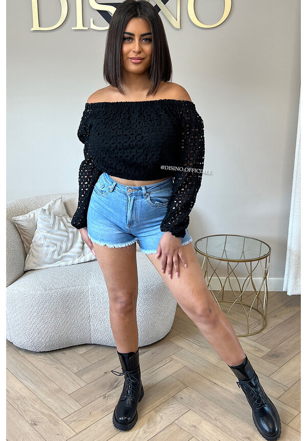 BLACK - 'LAVELLA TOP' - CROCHET LACE OFF SHOULDER TOP