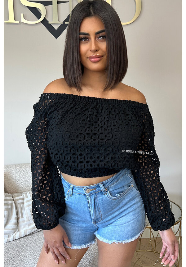 BLACK - 'LAVELLA TOP' - CROCHET LACE OFF SHOULDER TOP