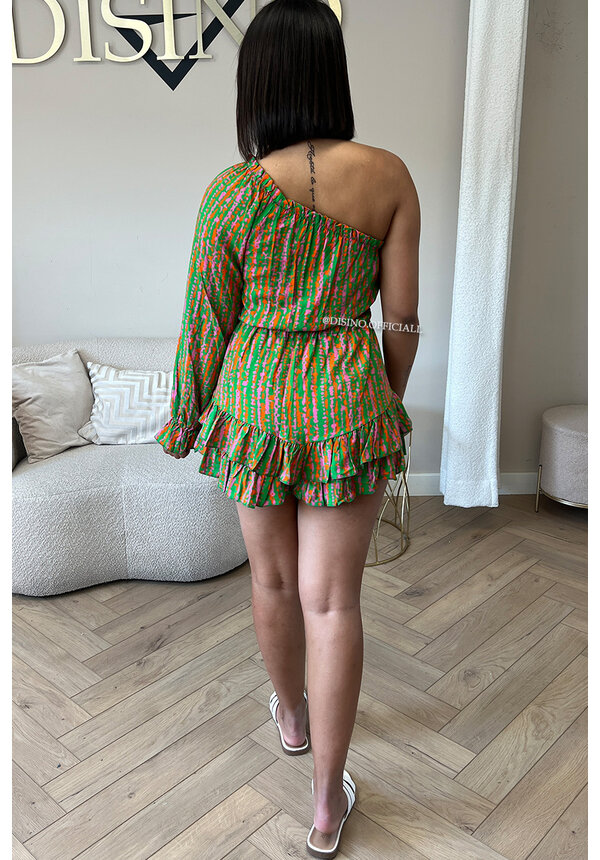 GREEN - 'NONA PLAYSHORT' - INSPIRED PRINT ONE ARM RUFFLE PLAYSHORT