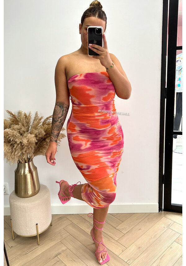 PINK - 'ALICIA DRESS' - INSPIRED MESH TIE DYE STRAPLESS DRESS