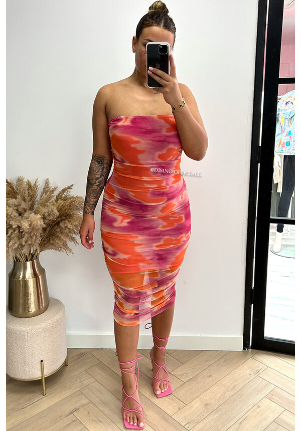 PINK - 'ALICIA DRESS' - INSPIRED MESH TIE DYE STRAPLESS DRESS