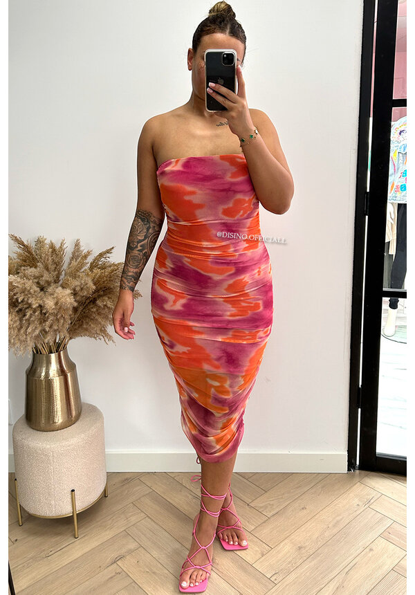 PINK - 'ALICIA DRESS' - INSPIRED MESH TIE DYE STRAPLESS DRESS