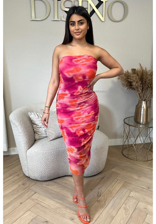 PINK - 'ALICIA DRESS' - INSPIRED MESH TIE DYE STRAPLESS DRESS