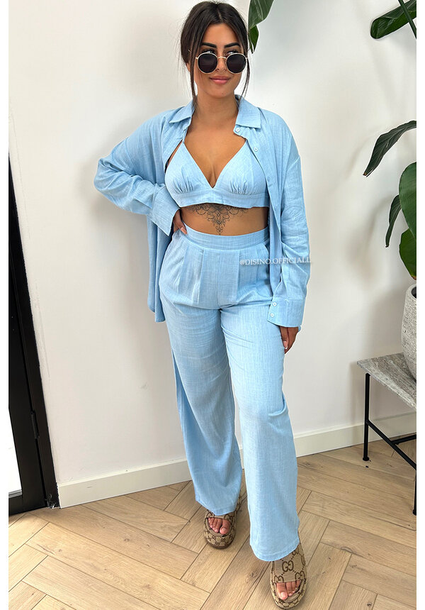 LIGHT BLUE - 'SIENNA LONG' - LINNEN 3 PIECE PANTS + BLOUSE SET