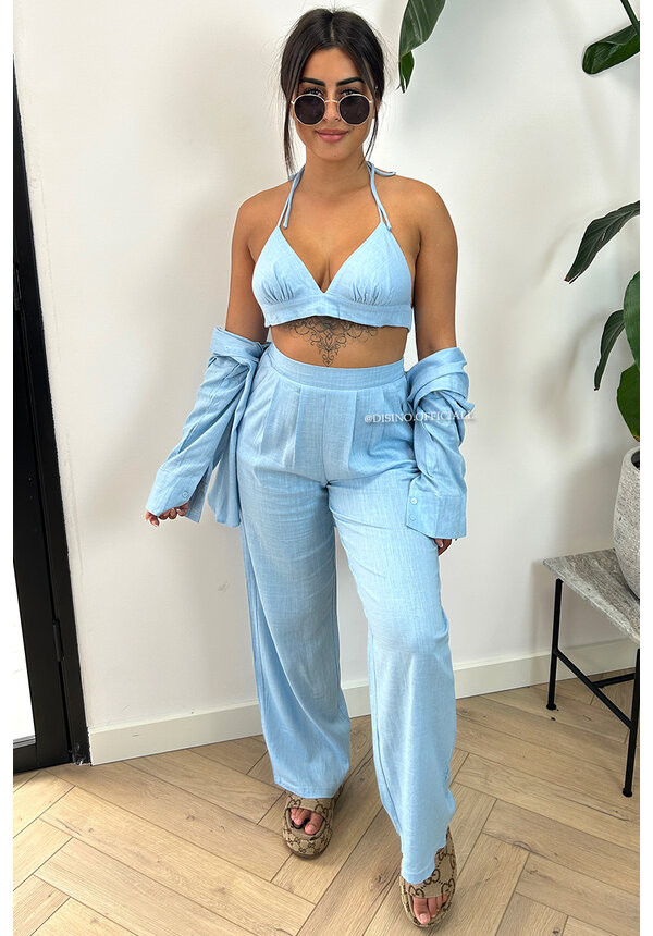 LIGHT BLUE - 'SIENNA LONG' - LINNEN 3 PIECE PANTS + BLOUSE SET