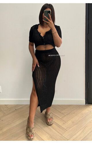 BLACK - 'JULIA SET' - CROCHET SKIRT + TOP TWO PIECE SET 