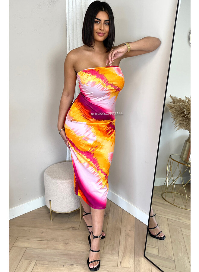 ORANGE - 'LEANA' - STRAPLESS COLORFULL STRETCH DRESS