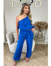 ROYAL BLUE - 'TESS LONG JUMPSUIT' - ONE SHOULDER MOUSSELINE WAFFLE COTTON JUMPSUIT