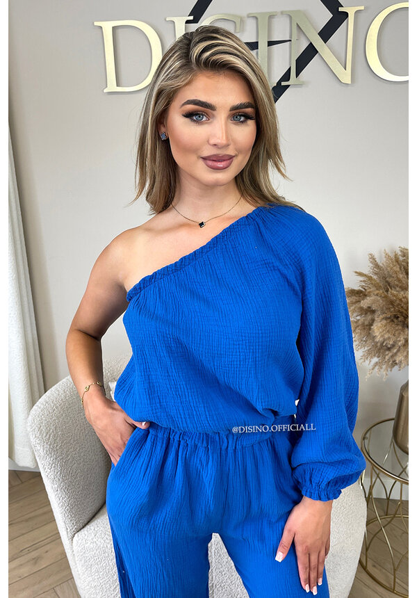 ROYAL BLUE - 'TESS LONG JUMPSUIT' - ONE SHOULDER MOUSSELINE WAFFLE COTTON JUMPSUIT