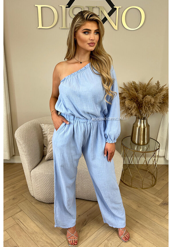 LIGHT BLUE - 'TESS LONG JUMPSUIT' - ONE SHOULDER MOUSSELINE WAFFLE COTTON JUMPSUIT