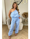 LIGHT BLUE - 'TESS LONG JUMPSUIT' - ONE SHOULDER MOUSSELINE WAFFLE COTTON JUMPSUIT