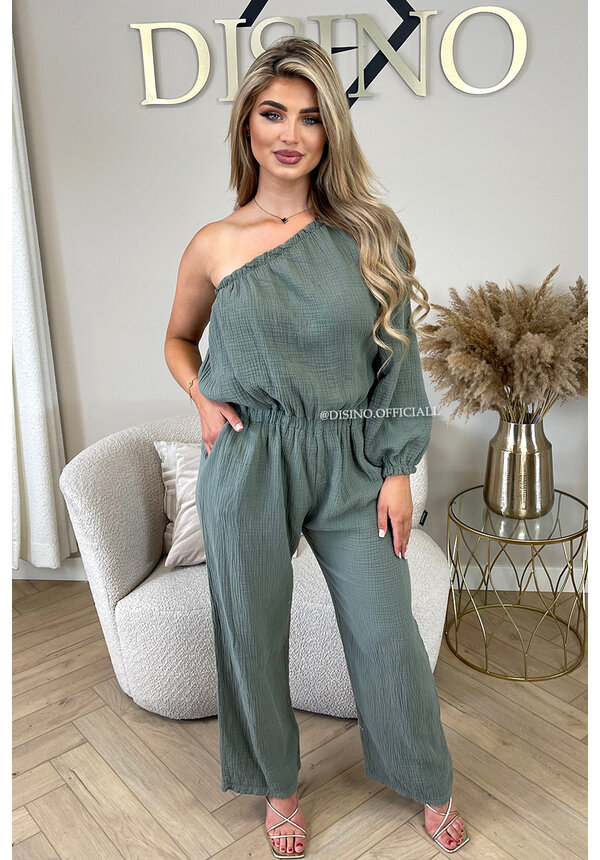 KHAKI GREEN - 'TESS LONG JUMPSUIT' - ONE SHOULDER MOUSSELINE WAFFLE COTTON JUMPSUIT