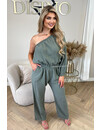 KHAKI GREEN - 'TESS LONG JUMPSUIT' - ONE SHOULDER MOUSSELINE WAFFLE COTTON JUMPSUIT