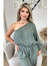 KHAKI GREEN - 'TESS LONG JUMPSUIT' - ONE SHOULDER MOUSSELINE WAFFLE COTTON JUMPSUIT