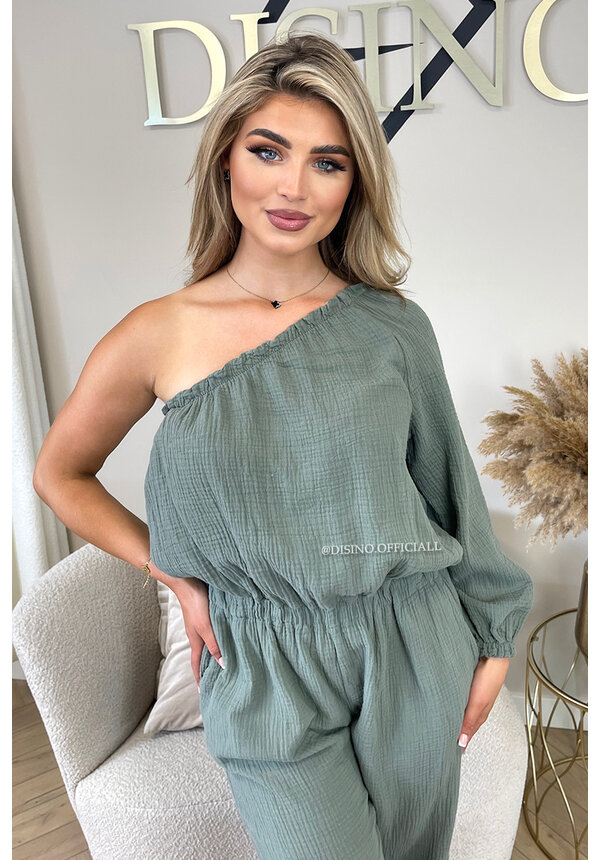 KHAKI GREEN - 'TESS LONG JUMPSUIT' - ONE SHOULDER MOUSSELINE WAFFLE COTTON JUMPSUIT