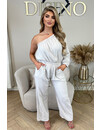 BEIGE - 'TESS LONG JUMPSUIT' - ONE SHOULDER MOUSSELINE WAFFLE COTTON JUMPSUIT