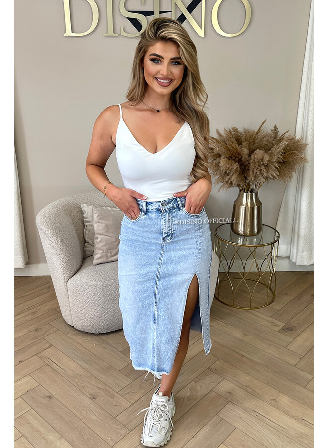 LIGHT BLUE - 'MAYA SKIRT' - SIDE SPLIT STRETCH MIDI DENIM SKIRT
