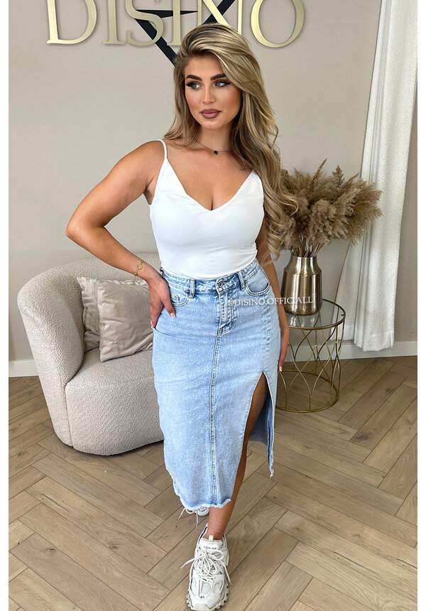 LIGHT BLUE - 'MAYA SKIRT' - SIDE SPLIT STRETCH MIDI DENIM SKIRT