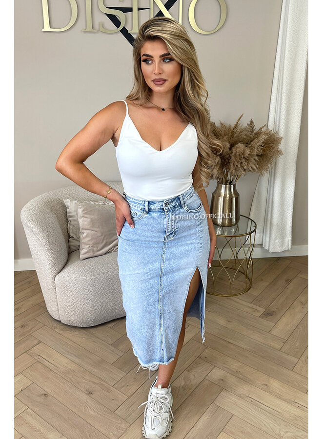 LIGHT BLUE - 'MAYA SKIRT' - SIDE SPLIT STRETCH MIDI DENIM SKIRT