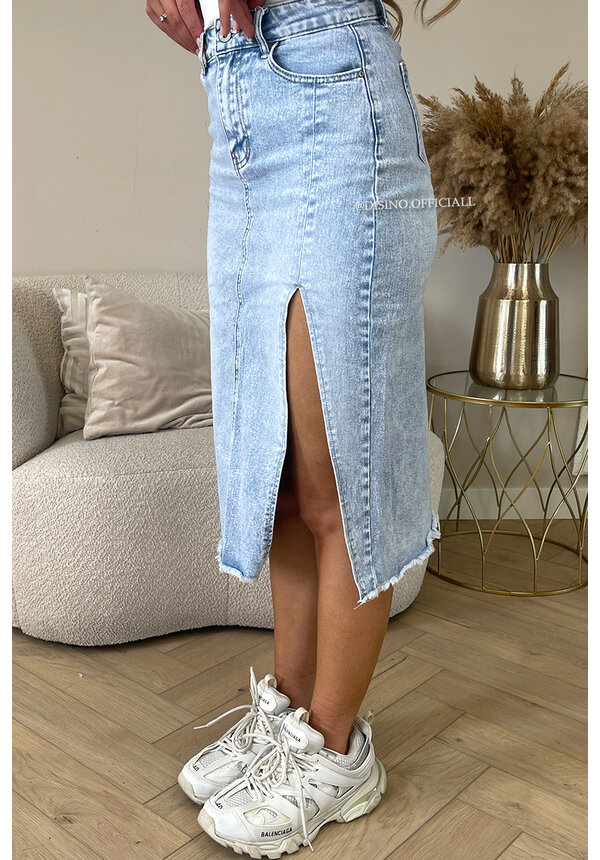 LIGHT BLUE - 'MAYA SKIRT' - SIDE SPLIT STRETCH MIDI DENIM SKIRT