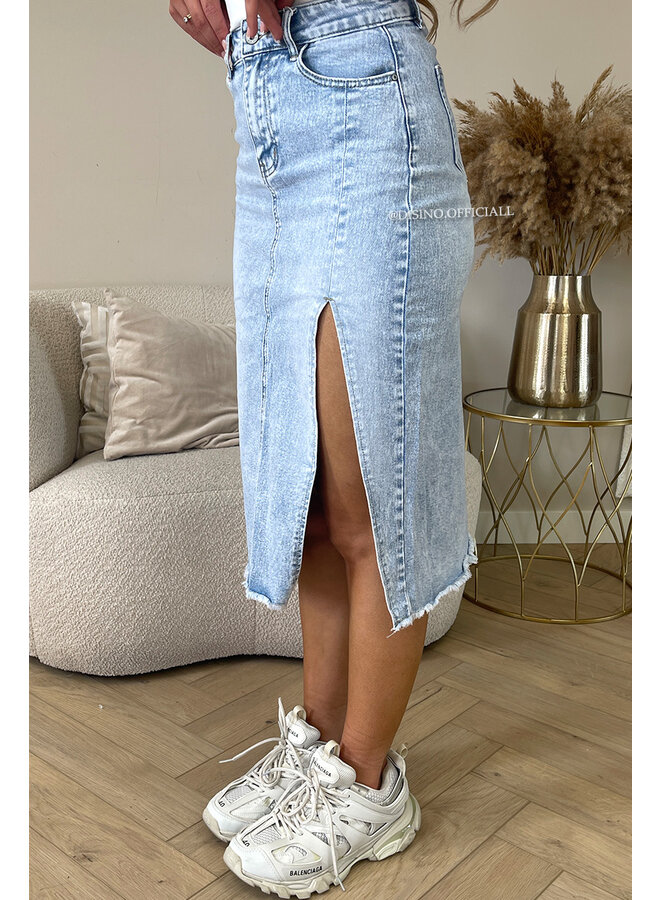 LIGHT BLUE - 'MAYA SKIRT' - SIDE SPLIT STRETCH MIDI DENIM SKIRT