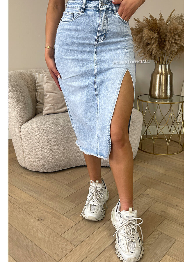 LIGHT BLUE - 'MAYA SKIRT' - SIDE SPLIT STRETCH MIDI DENIM SKIRT