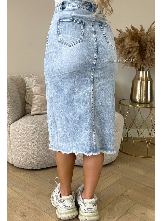 LIGHT BLUE - 'MAYA SKIRT' - SIDE SPLIT STRETCH MIDI DENIM SKIRT