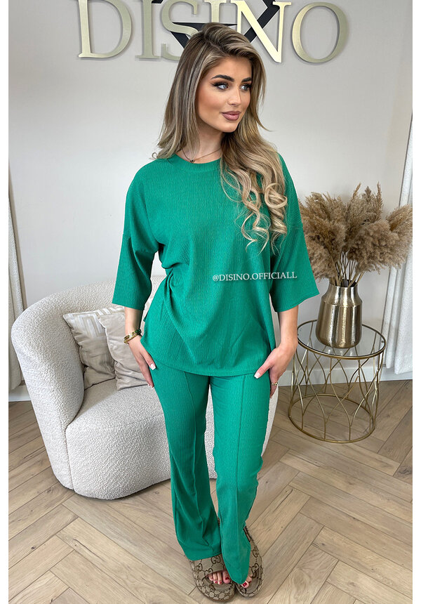 GREEN - 'MILEY SET' - COMFY STRETCH OVERSIZED TEE + PANTS SET