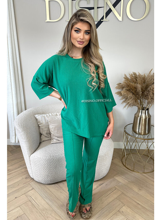 GREEN - 'MILEY SET' - COMFY STRETCH OVERSIZED TEE + PANTS SET