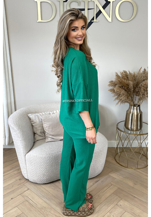 GREEN - 'MILEY SET' - COMFY STRETCH OVERSIZED TEE + PANTS SET