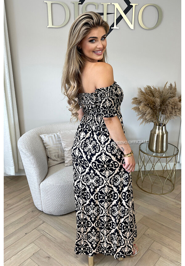 BLACK - 'EMILY' - AZTEC PRINT OFF-SHOULDER MAXI DRESS