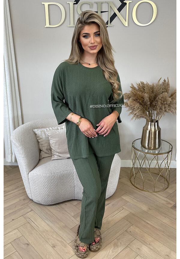 KHAKI GREEN - 'MILEY SET' - COMFY STRETCH OVERSIZED TEE + PANTS SET