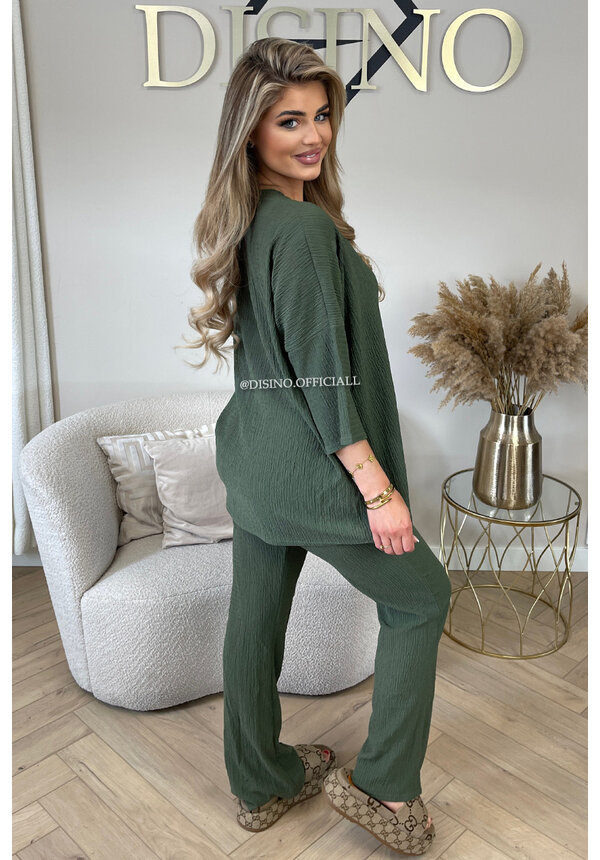 KHAKI GREEN - 'MILEY SET' - COMFY STRETCH OVERSIZED TEE + PANTS SET