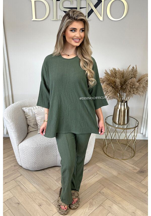 KHAKI GREEN - 'MILEY SET' - COMFY STRETCH OVERSIZED TEE + PANTS SET