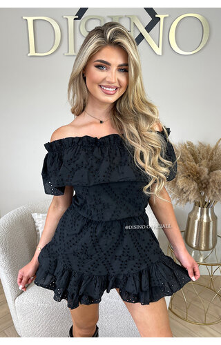 BLACK - 'LIVV' - PREMIUM QUALITY BRODERIE LACE OFF SHOULDER PLAYSHORT BLACK - 'LIVV' - PREMIUM QUALITY BRODERIE LACE OFF SHOULDER PLAYSHORT