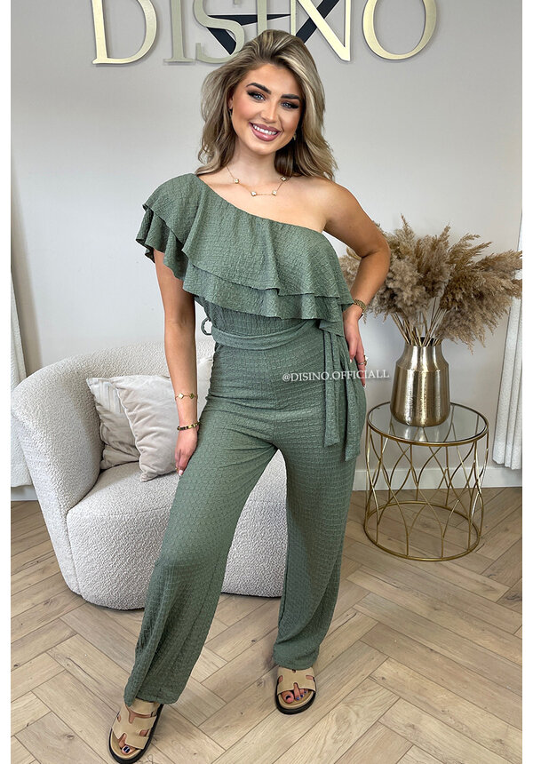 KHAKI GREEN - 'ESMAY JUMPSUIT' - ONE SHOULDER RUFFLE WAFFLE JUMPSUIT