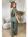 KHAKI GREEN - 'ESMAY JUMPSUIT' - ONE SHOULDER RUFFLE WAFFLE JUMPSUIT