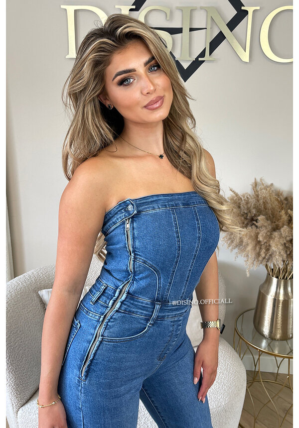 DARK BLUE - 'HEATHER JUMPSUIT' - SUPER STRETCH STRAPLESS DENIM STRAIGHT LEG JUMPSUIT