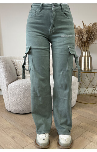 KHAKI GREEN - 'KELLY CARGO JEANS' - SUPER STRETCH CARGO STRAIGHT LEG JEANS 