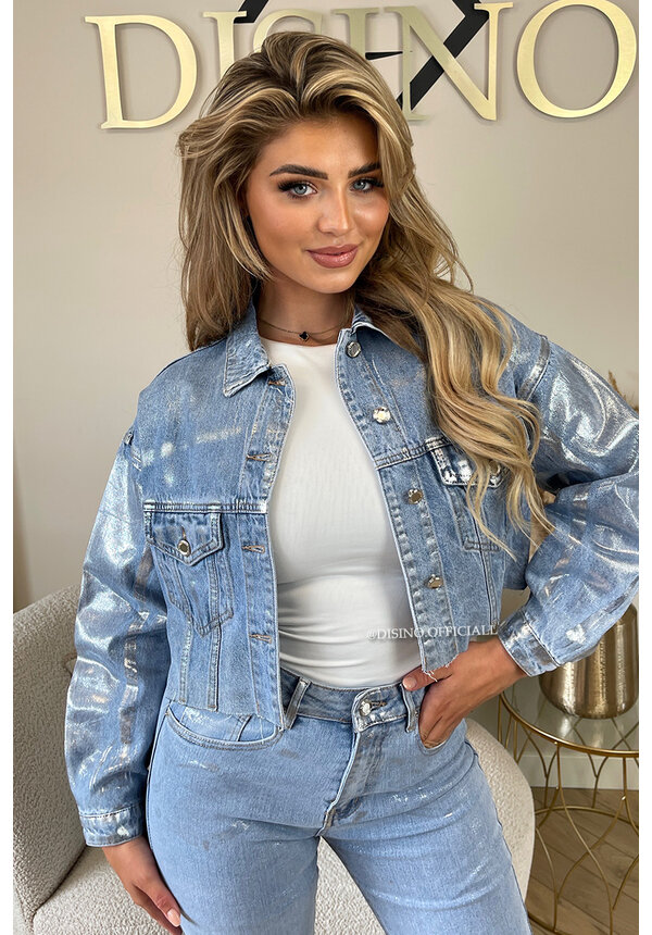 BLUE 'METALLIC BRUSH JACKET' EXCLUSIVE CROPPED METALLIC DENIM